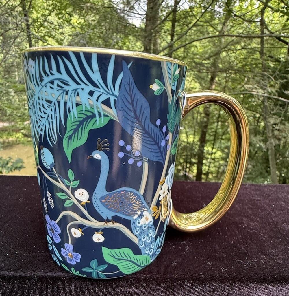 Rifle Papper Co Porcelain Mug Navy Blue Teal Peacock Floral Gold Handle EUC